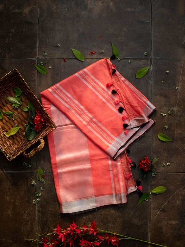 Tomato Orange Handwoven Linen Saree