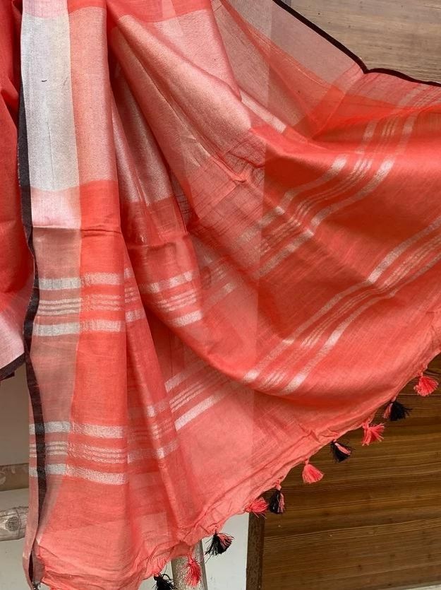 Tomato Orange Handwoven Linen Saree