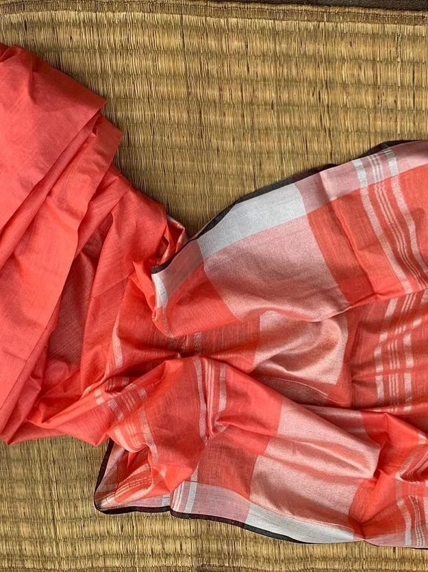 Tomato Orange Handwoven Linen Saree