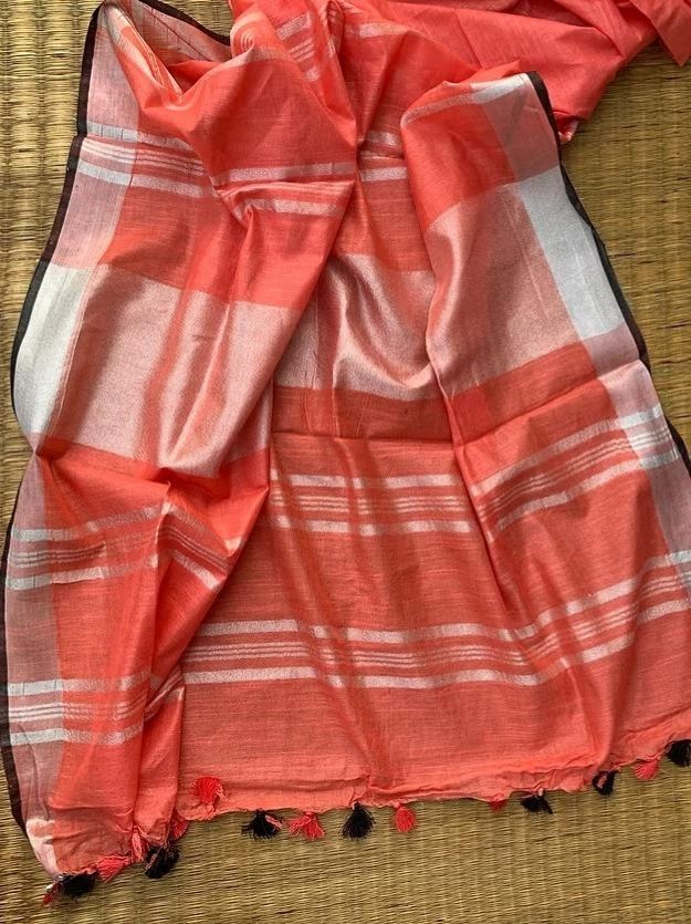 Tomato Orange Handwoven Linen Saree