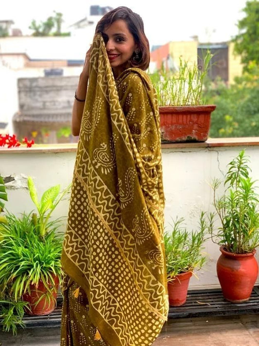 Mehendi Green Double Block Printed Mul Cotton Saree