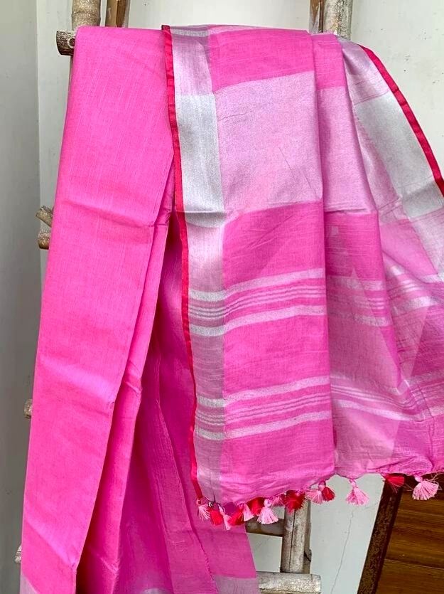 Bubblegum Pink Handwoven Linen Saree