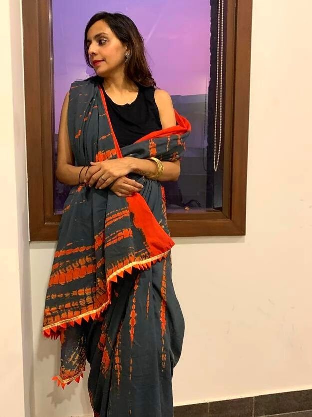 Orange Grey Shibori Mul Cotton Saree