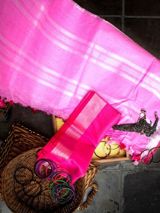 Bubblegum Pink Handwoven Linen Saree