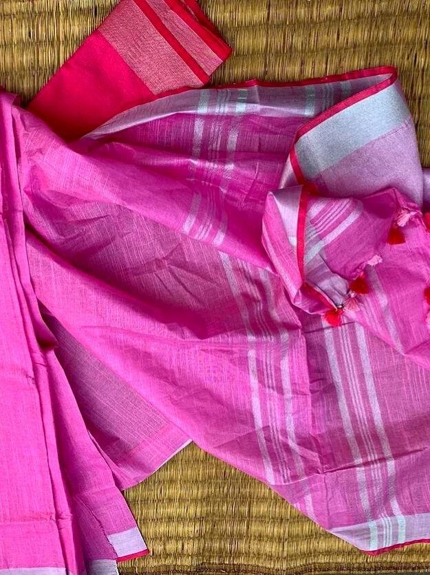 Bubblegum Pink Handwoven Linen Saree