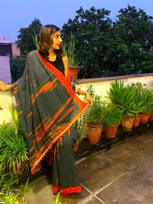 Orange Grey Shibori Mul Cotton Saree