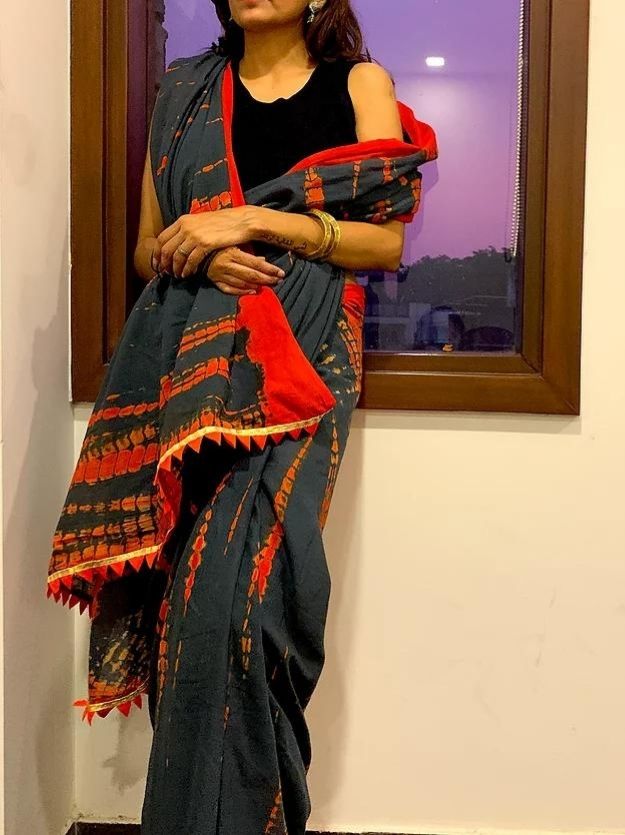 Orange Grey Shibori Mul Cotton Saree