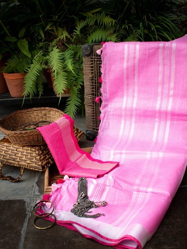 Bubblegum Pink Handwoven Linen Saree