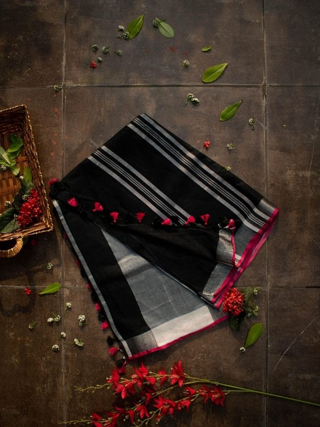 Black Handwoven Linen Saree