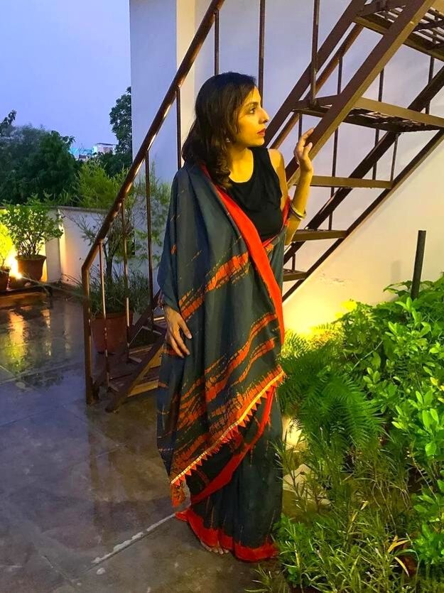 Orange Grey Shibori Mul Cotton Saree