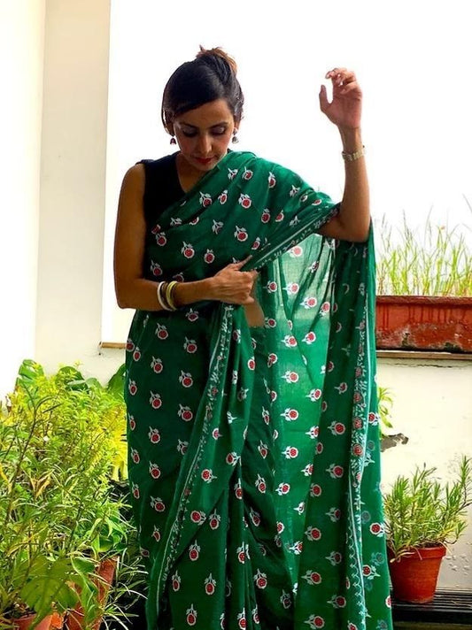 Green Floral Mul Cotton Saree