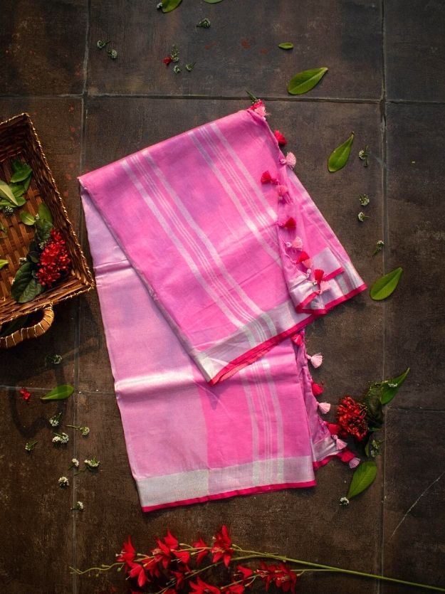 Bubblegum Pink Handwoven Linen Saree